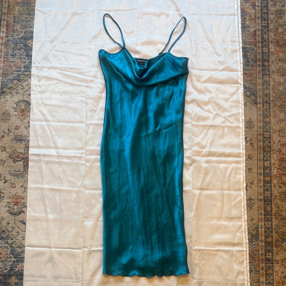 bebe Teal Satin Midi Dress